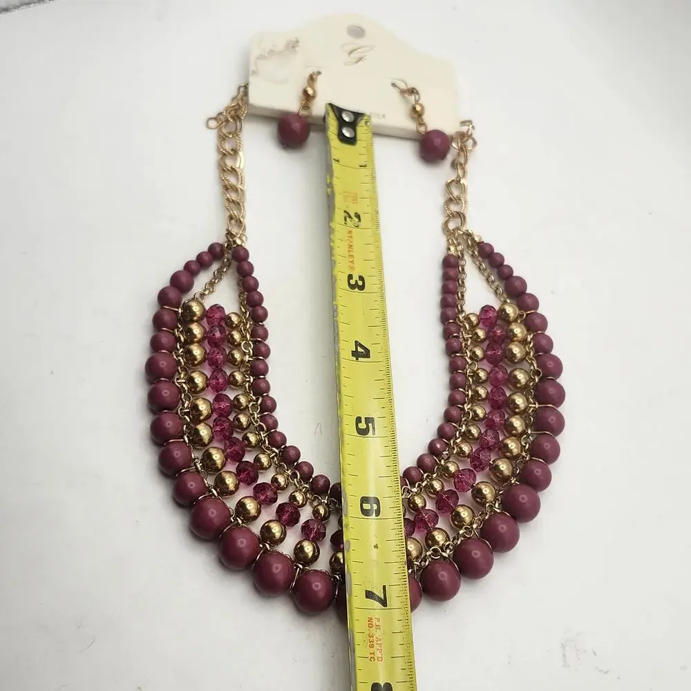 Glik's Burgundy Glass Bead Gold Tone Layered Bib Necklace Earrings Set Carded